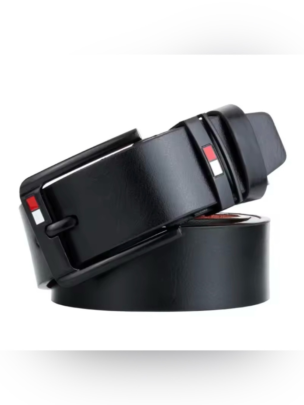 Faux Leather Men's Belt with Signature Stripe Accent - Black